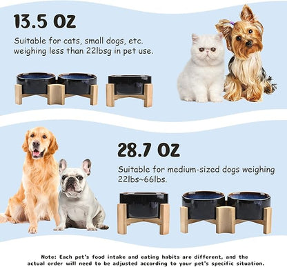 SPUNKYJUNKY 15° Slanted Ceramic Dog and Cat Bowl with Wooden Stand, Tilted Bulldog Food and Water Bowl No Slip Non-Spill for Cats Medium Dogs Big Face Pets 13.5 OZ (1.7 Cups, Starry Blue × 2)