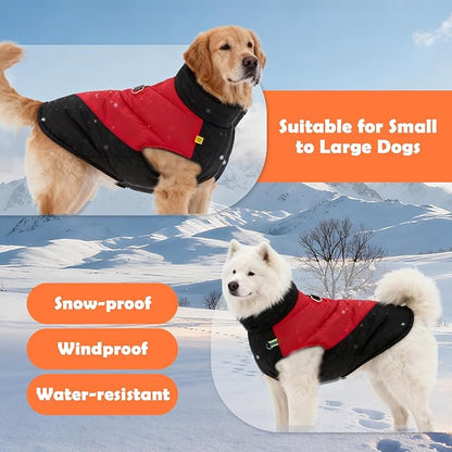 Fleece Lined Dog Coats Extra Warm Dog Winter Coat,Waterproof Dogs Jacket for Medium to Large Dogs,Cold Weather Winter Clothes Turtleneck Windproof Reflective Pet Vest (Red & Black, 2XL)