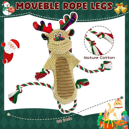 Christmas Squeaky Reindeer Dog Toys- Rope Tug of War Dog Toy for Puppy- Keep Them Busy and Entertained- Chew Toys for Medium & Large Breeds