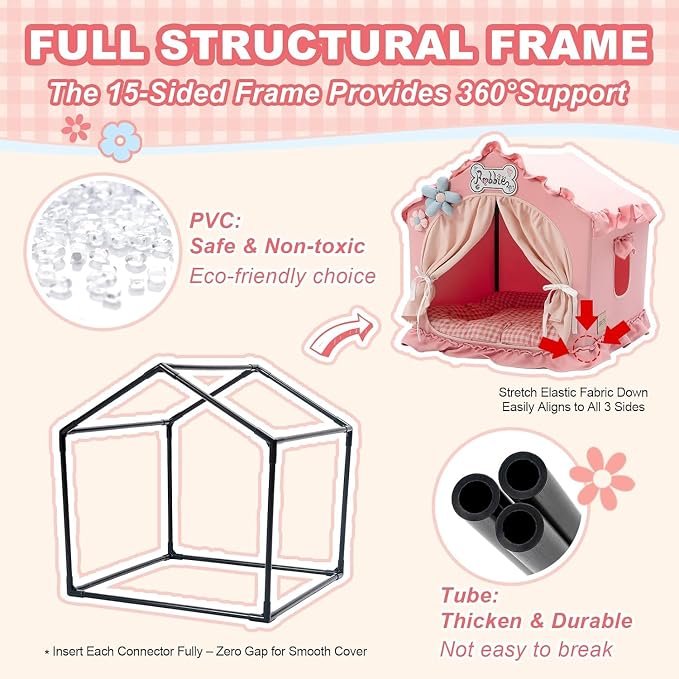 Indoor Dog House with Frame, Cute Dog Tent Bed with Cover Cave | Breathable, Washable, and Foldable House, Suitable for 14-26 Lb Puppy and Cats, Medium (20"×20"×20"), Pink