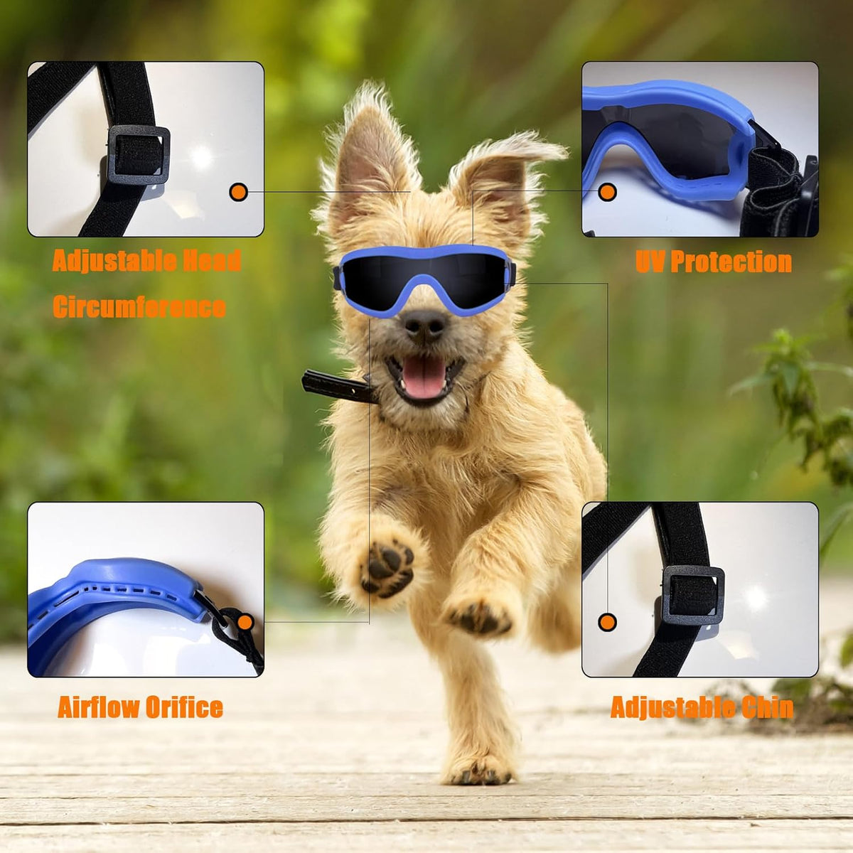 Dog Goggles Small Breed Dog Sunglasses with Adjustable for UV Protection Eyewear Doggy Doggie Puppy Glasses Anti-Fog Wind Dust Snowproof (Blue Frame Black Lens)