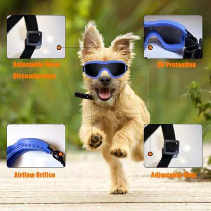 Dog Goggles Small Breed Dog Sunglasses with Adjustable for UV Protection Eyewear Doggy Doggie Puppy Glasses Anti-Fog Wind Dust Snowproof (Blue Frame Black Lens)