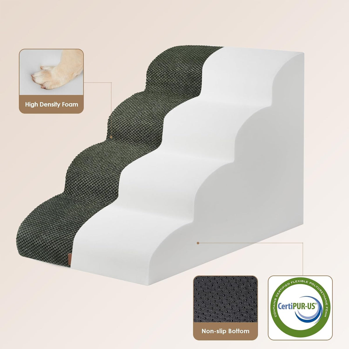 EHEYCIGA Curved Dog Stairs Ramp for High Beds 19.7" H, 4-Step Dog Steps for Small Dogs and Cats, Pet Stairs for High Bed Climbing, Non-Slip Balanced Pet Step Indoor, Olive Green