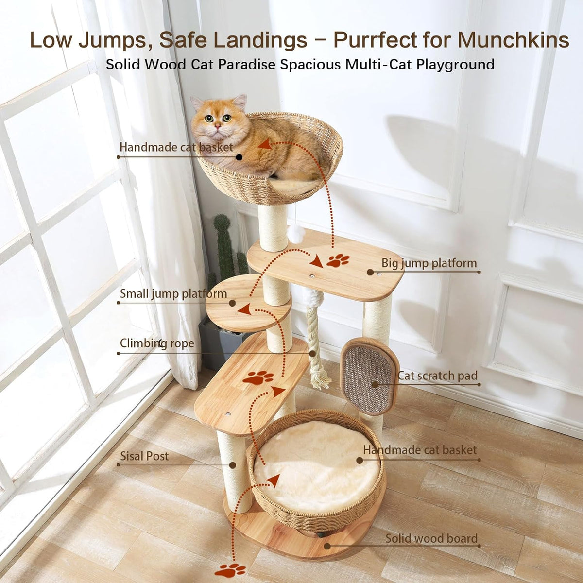 Wooden Cat Tree for Large Cat, 49.6-Inch Tall Cat Tower with Scratching Post for Indoor Cats, Multi-Level Cat Condo with Hand-Woven Cat Bed and Scratching Board Easy to Clean