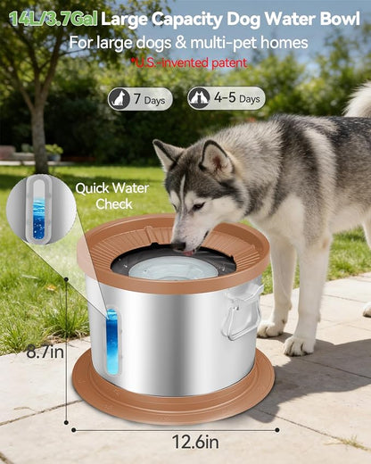 UPSKY 14L No Spill Dog Water Bowl, Spill Proof Slow Drinking for Large Dogs | Extra-large Capacity, 304 Stainless Steel, Dual-suction Anti-slip Base, Floating Disk, Water Window, For Messy Drinkers, Pink
