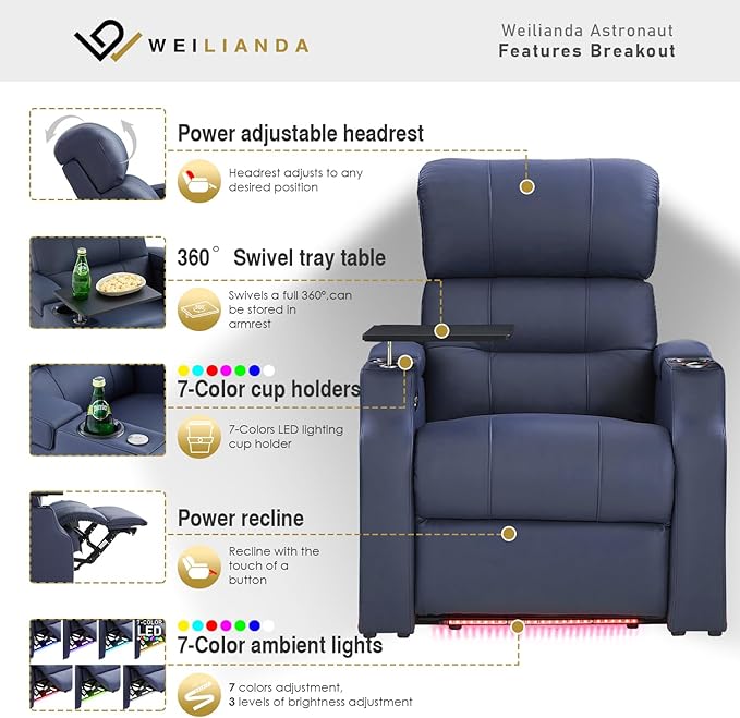 Weilianda Home Theater Seating, Top Grain Leather Sectional Seats Recliner Chair, Zero Gravity Reclining Sofa with Power Headrest 7 Colors Ambient Lighting USB C Charge Row of 3 Loveseat Left Blue