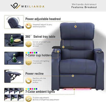Weilianda Home Theater Seating, Top Grain Leather Sectional Seats Recliner Chair, Zero Gravity Reclining Sofa with Power Headrest 7 Colors Ambient Lighting USB C Charge Row of 3 Loveseat Left Blue