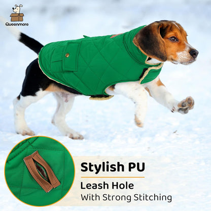 Queenmore Warm Dog Coat, Cold Weather Puffer Dog Coat Vest, Quilting Winter Pet Jacket Ultra Thick Plush Fleece Lining Pet Clothes for Dogs with Storage Pockets (Forest Green, X-Small)