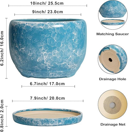 SQOWL Ceramic Planters - 10 Inch Plant Pot Indoor with Drainage Hole and Saucer, Decorative Flower Pot Outdoor, Round Large Planter, Living Room Office Garden Decor, Plant Lover Gifts for Women, Blue