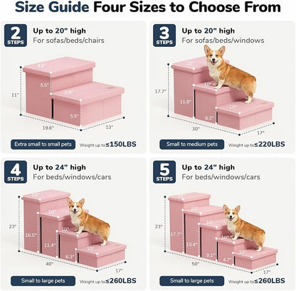 4-Step Wide Dog Stairs with Storage 23" H, Non-Slip Sturdy Pet Steps for High Bed Couch Window, Pet Stairs for Small/Medium/Large Old Dogs Cats Up to 220lbs, Cat Dog Steps for Car/SUV, Pink