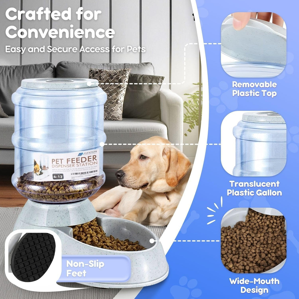 Flexzion Gravity Pet Feeder Food Dispenser (6-12 lb Size) Automatic Replenish Dry Food Storage Container Bowl for Small Medium Breed Dog Cat Animal Feeding Watering Fountain Supplies