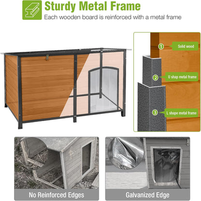 GUTINNEEN Heated Dog House Outdoor 59.1" Extra Large Dog Kennel with Metal Frame Insulated Dog Crate Cage for Large Dogs Outside with Heater and Insulated Liner, Brown