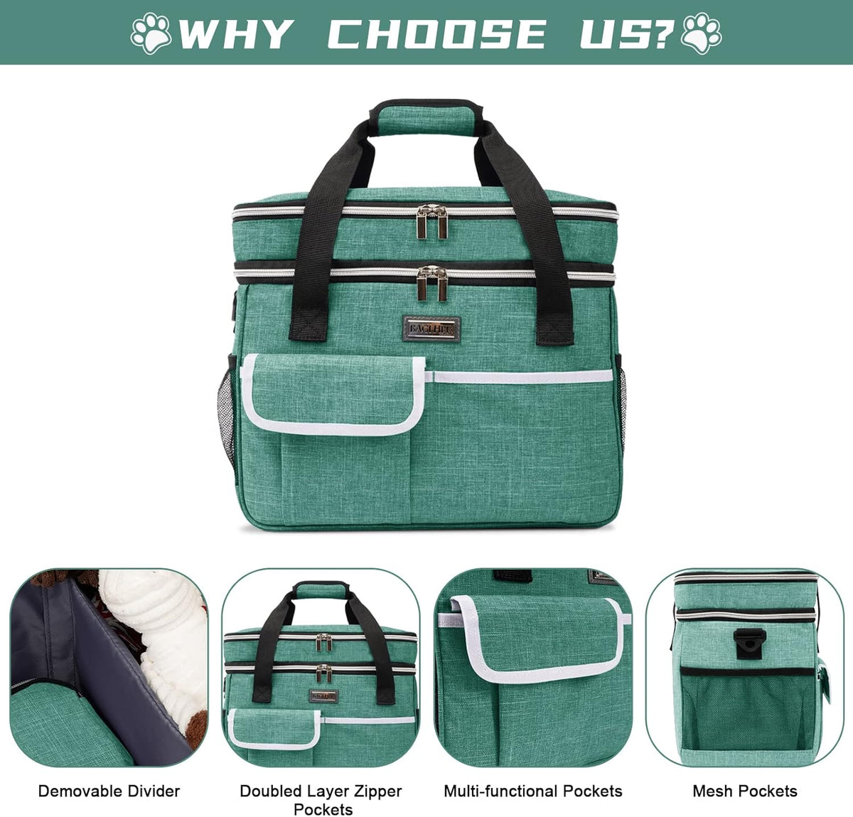 BAGLHER Dog Travel Bag for Supplies - Double-Layer Airline Approved Weekend Pet Travel Organizer Set for Dog and Cat Tote with 2 Pet Food Containers and 2 Collapsible Silicone Bowls Green