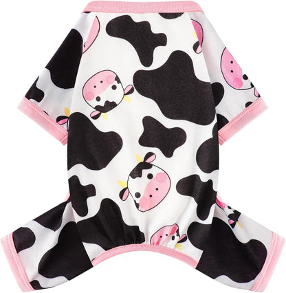 Dog Pajamas Small Sized Dogs Stretchable Summer Dog Clothes Pjs 4 Legs Girl Boy Cute Soft Puppy Outfits Doggie Cat Jammies Jumpsuit Sleeper for Pet, Pink Cow, M
