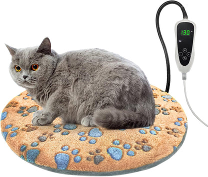 Cat Heating Pad, 16 in Round Heated Bed Smart Thermostatic Switch, Add Wire Rope Cat Carpet Puppy Whelping Supplies, Comes with a Plush Cloth Cover - Apricot