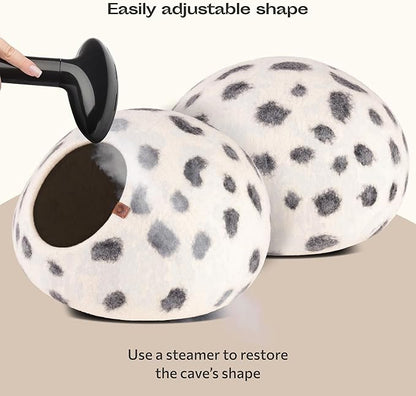 MEOWFIA Cat Cave – Premium Felt Cat Bed for Indoor Cats, Handmade 100% Merino Wool (Large, Snow Leopard)