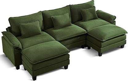 URRED Cloud Couch Modular Sectional Sofa, 122" Modern U Shaped Deep Seat Sofa with 2 Ottomans & Pillows, Ultra Comfy Corduroy Couches for Living Room, Bedroom or Apartment, Green