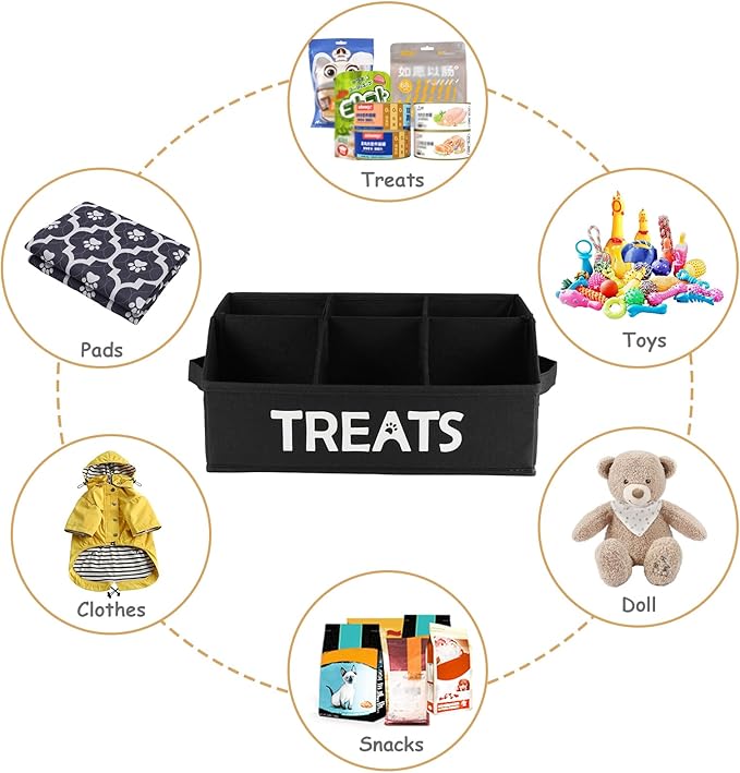2-Pack Dog Storage Organizer, Collapsible Cat Treats Container with Dividers, Dog Treats Station - Black