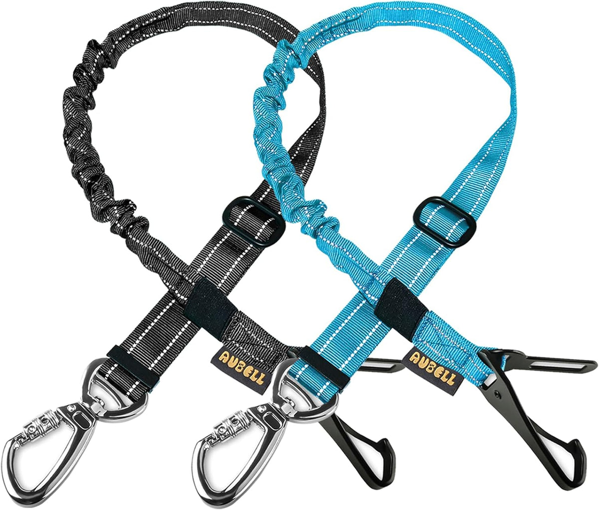 AUBELL Dog Seat Belt for Car,2 Pack Set 3-in-1 Adjustable Reflective Bungee Heavy Duty Dog Car Harness Tether with Clip Hook Latch & Buckle,Swivel Zinc Alloy Carabiner,Black+Blue