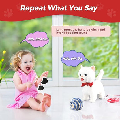 White Leash Walking Cat Set Toy Interactive Talking Cat Singing Dancing Kitten Mimicking Repeat What You Say Kitty Touch and Voice Control Nodding Wagging Tail Plush Electric Robot for Kid Girl