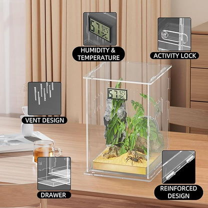 Reptile Terrariums, with Temperature Hygrometer, 7.1"x7.1"x11.8" Acrylic Reptiles Breeding Box Terrarium Cage Tank for Small Reptile Insect Home Office (Arboreal Large)
