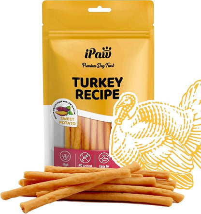 iPaw Turkey Dog Treats, All Natural Human Grade Dog Treat, Suitable for Training chew, US Sourced Raw Material, Hypoallergenic, Rawhide Alternative, Thin Stick (Sweet Potato)