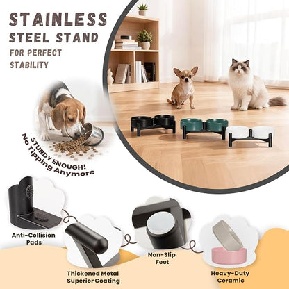 Raised Ceramic Dog Bowl Set with Stand, 1.6 Cups Elevated Dog Food Stand | 5.1'' Double Dog Food and Water Bowl Set, Non-Slip Dog Feeding Dishes for Small Breeds and Cats, 10.8 OZ, Grey