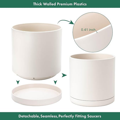 D'vine Dev 16 Inch Plastic Planter Pots for Plant Pot with Drainage Hole and Seamless Saucers, Oatmeal, 74-X-H-5