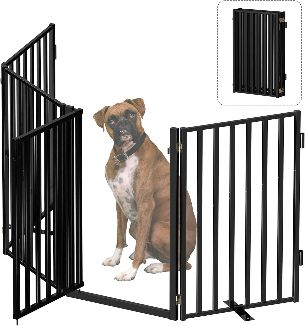 Free Standing Dog Gate with Door for Indoor Outdoor, Portable Dog Fence Foldable Design, Metal Black 32" Tall, Expandable 4 Panels Use for Front Door, Yard, Stairs