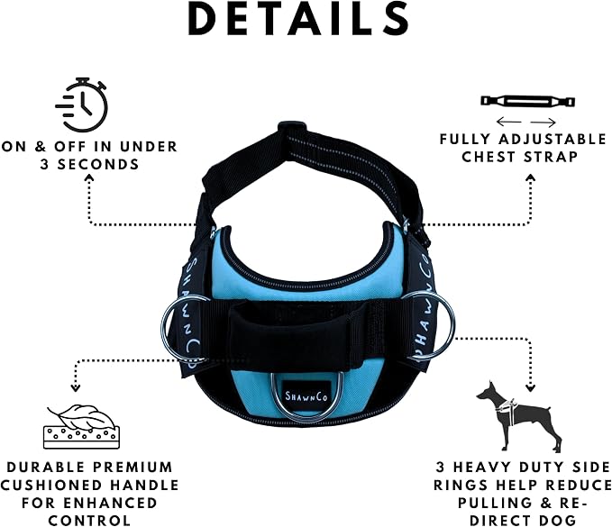 ShawnCo Essential Pro Dog Harness, No-Pull Pet Vest with 3 Leash Clips and Removable, Reflective Side Patches, Adjustable and Padded Harness for Small, Medium and Large Dogs (Midnight, XL)
