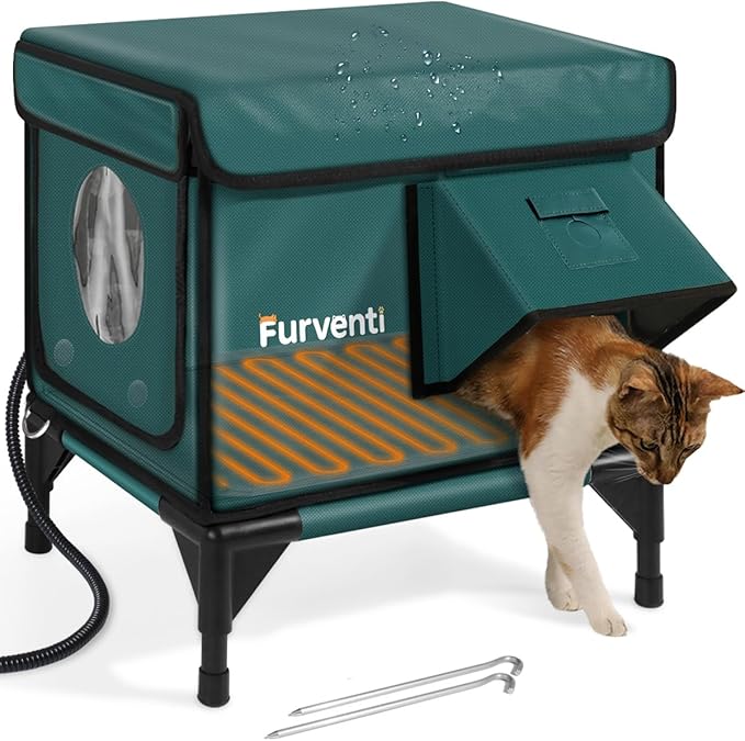 Outdoor Heated Cat House in Winter,Extremely Insulated & Weatherproof,Elevated Feral Cat Shelter with Waterproof Eaves & Escape Door for Outside Stray Barn Cat (Dark Green,S)