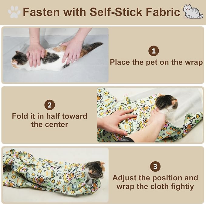 27.6" Large Cat Grooming Wrap – Anti-Escape Cat Wrap for Cutting Nails, Brushing & Medication – Soft, Comfortable, Reusable, Self-Adhering, Holds Cats Up to 15lbs (Cow Corn)