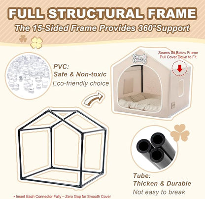 Indoor Dog House with Frame,Cute Dog Tent Bed with Cover Cave,Beige | Breathable,Washable,and Foldable House, Suitable for 8-16 Lb Puppy and Cats, Medium (17"×17"×17"),Inside Dog House