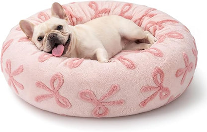 JOEJOY Jacquard Donut Round Small Dog Beds,Pink 23x23x8in, Removable Washable Cover, Cute Pattern, Ultra Soft Fluffy Calming Pet Bed with Thick Supportive Bolster