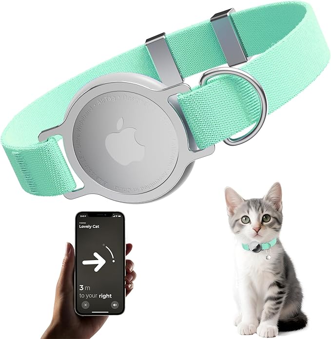 AirTag Cat Collar, Ultra Elastic Cat Tracker Collar, Airtag Holder Compatible with Apple Air Tag, [Lightweight & Scratch Resistant] Adjustable Stepless GPS Pet Collar for Cats Kittens, Green