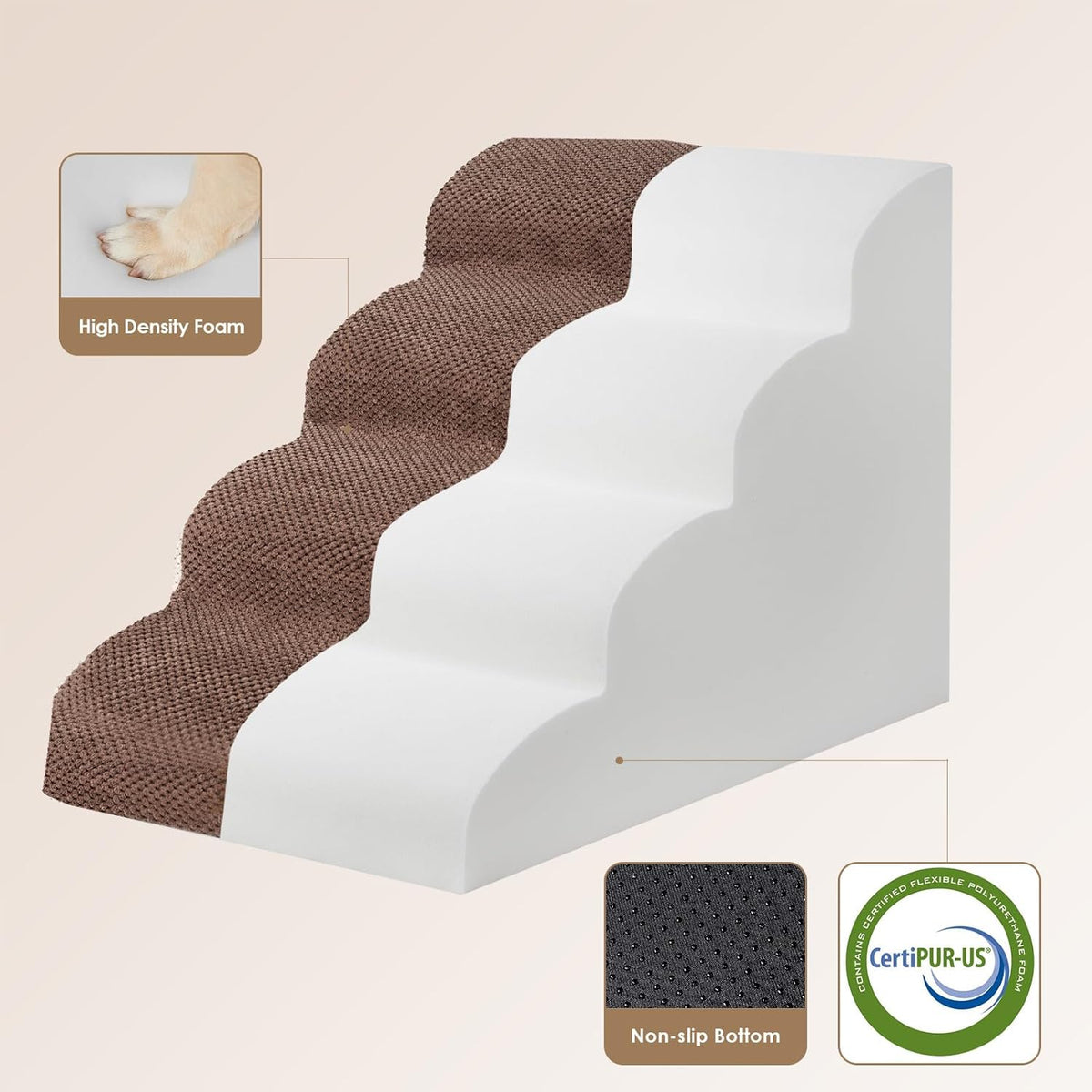 EHEYCIGA Curved Dog Stairs Ramp for High Beds 19.7" H, 4-Step Dog Steps for Small Dogs and Cats, Pet Stairs for High Bed Climbing, Non-Slip Balanced Pet Step Indoor, Brown