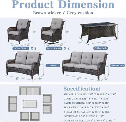 Belord Outdoor Wicker Furniture Patio Set - 7 Piece Backyard Furniture Brown Rattan Conversation Sets with Swivel Rocker Chairs, Rattan Sofa, Club Chairs and Coffee Table, Grey Cushion
