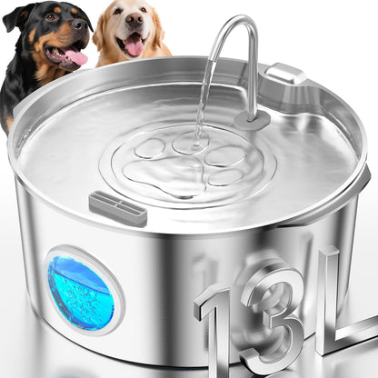 3.4Gal Dog Water Fountain for Large Dogs, Extra Large Stainless Steel Pet Water Fountain, Round Dog Water Bowl Dispenser with Metal Handle, Water Level Window, Supet Quiet Pump for Multi Pet Home