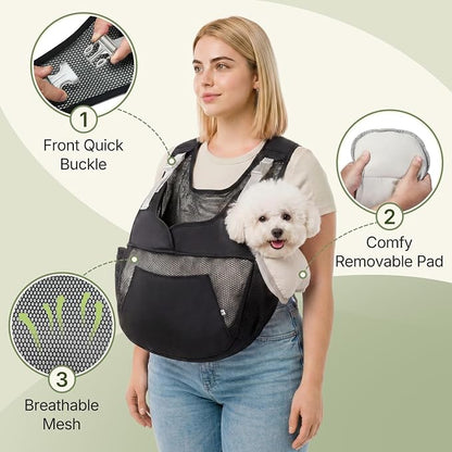 Dog Sling Carrier for Small Dogs with Thicken Bottom Support 10-18 lbs | Adjustable, Hands Free, Breathable Mesh, Comfortable, Lightweight, Vet Visits, Anxiety, Travel, Hiking, Safety Clip, Black