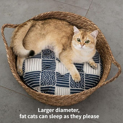 Cat Bed, Straw Woven Cat Baskets Bed, Round Wicker Cat Basket Nest, Non-Slip Cozy Kitten Bed for Cats Small Dog (Only Nest,Small)