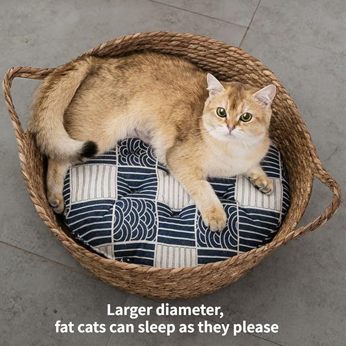 Cat Bed, Straw Woven Cat Baskets Bed, Round Wicker Cat Basket Nest, Non-Slip Cozy Kitten Bed for Cats Small Dog (with Cushion,Large)