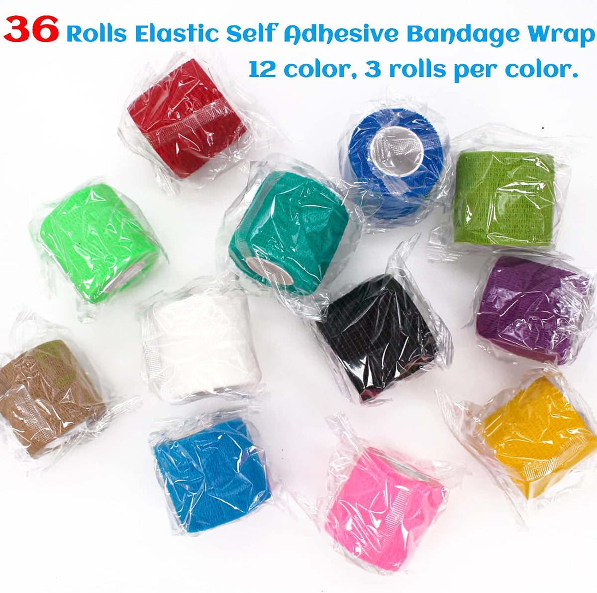 36 Rolls Elastic Self Adhesive Bandage Wrap 2 Inch, Breathable Non Woven Cohesive Bandage, Vet Wrap for Dogs, Ankle Sprains Swelling Medical First Aid Tape, Sports Athletic Tape Color