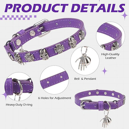 EXPAWLORER Leather Cat Collar for Girl Boy- Adjustable Pet Collar with Safety Elastic Belt,Personalized Punk Accessories Buckle Collars with Bell & Durable D-Ring, Skull(Purple)