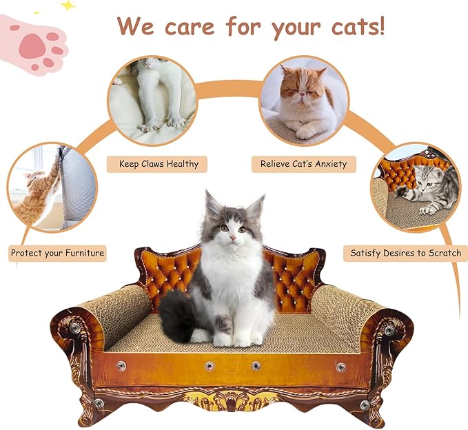 Luxury Cardboard Cat Scratcher Sofa Bed, Couch Shaped Cat Scratching Board, Scratch Lounge with Catnip, Scratcher for Indoor Cats(Brown)