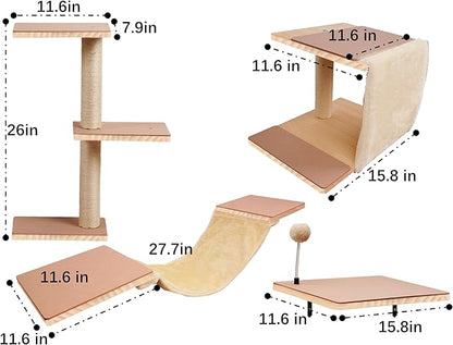 Cat Shelves for Wall，Solid Wood Cat Wall Furniture with Scratching Post,Hammock,Jumping Boards,Steps,Condo and Felt Pads, Suit for Cats Climb, Jump, Nap, Scratch-Beige