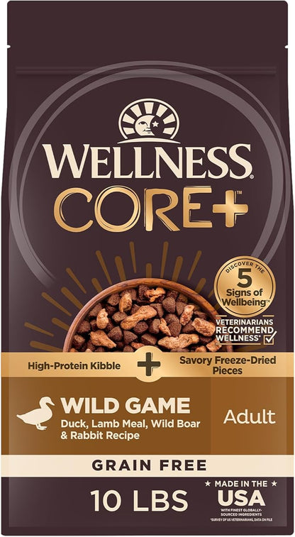 Wellness CORE+ (Formerly RawRev) Natural Grain Free Dry Dog Food, Wild Game Duck, Wild Boar & Rabbit with Freeze Dried Lamb, 10-Pound Bag
