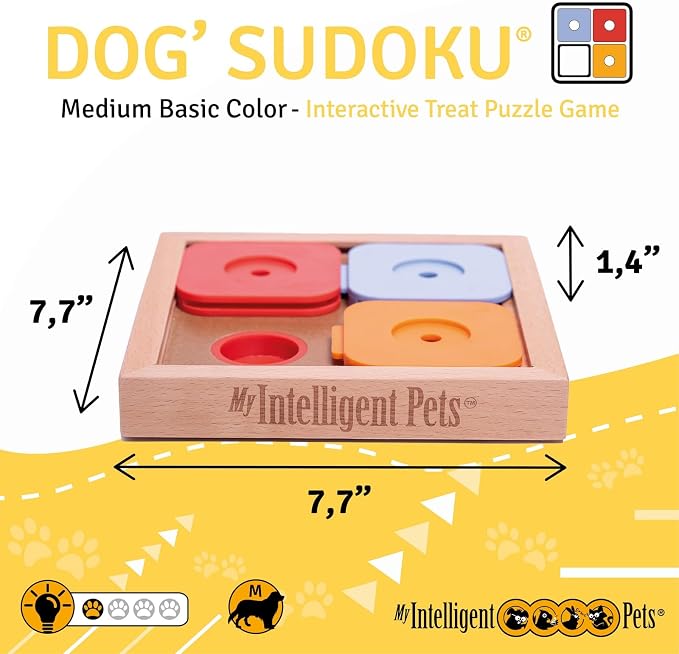 Interactive Sudoku Puzzle for Small Dogs and Cats - Basic Brain Pet Toy - 4 Treat-Hiding Holes, Medium Wood and Plastic Design