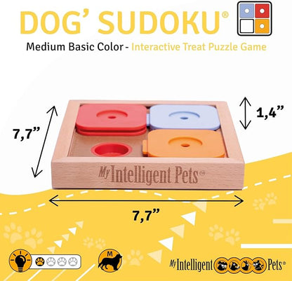 Interactive Sudoku Puzzle for Small Dogs and Cats - Basic Brain Pet Toy - 4 Treat-Hiding Holes, Medium Wood and Plastic Design