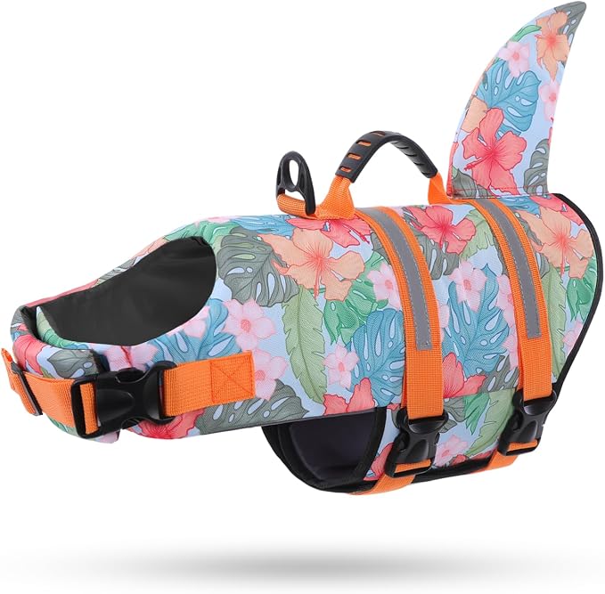 Dog Life Jacket High Flotation, Reflective Dog Life Vest for Swimming, Adjustable Dogs Life Preserver Rescue Handle Spring Summer Pool for Small, Medium, Large Dogs (HawaiiOrange,L)