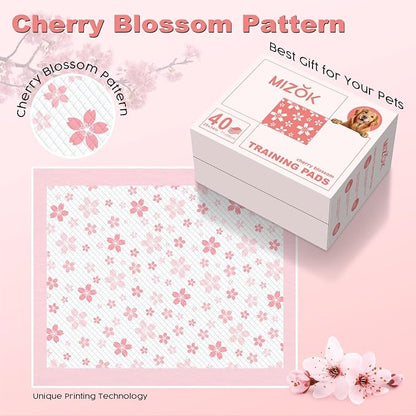 MIZOK Pink Puppy Pads with Adhesive Tabs Disposable No Leak XL 28x34in 40Ct | Cute Cherry Blossom Prints Provide 6 Layer Protection Extra Absorbent Doggy Pads Designed for Clean Daily Indoor Use
